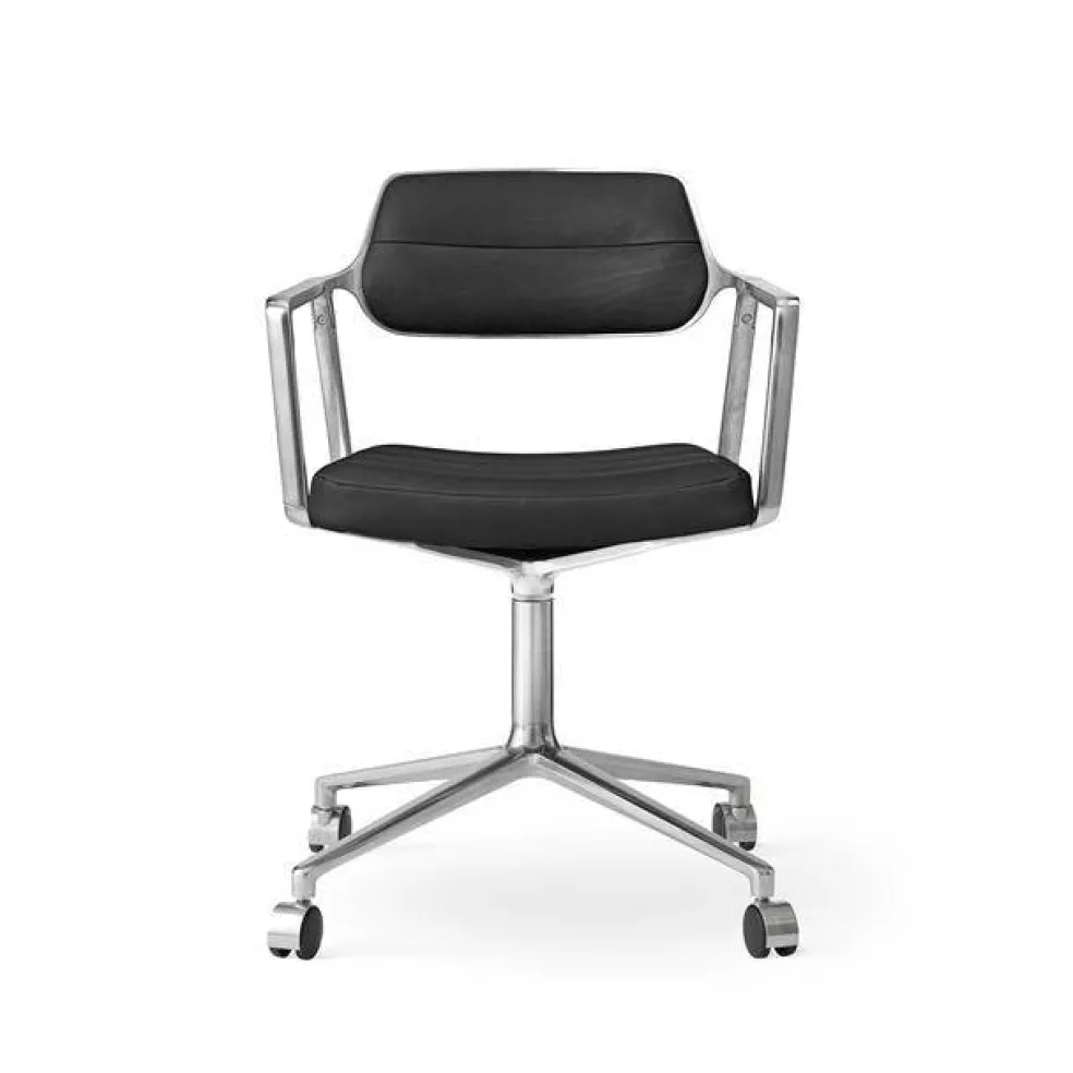 453 Snurrstol Med Hjul Aluminium/Svart Läder
